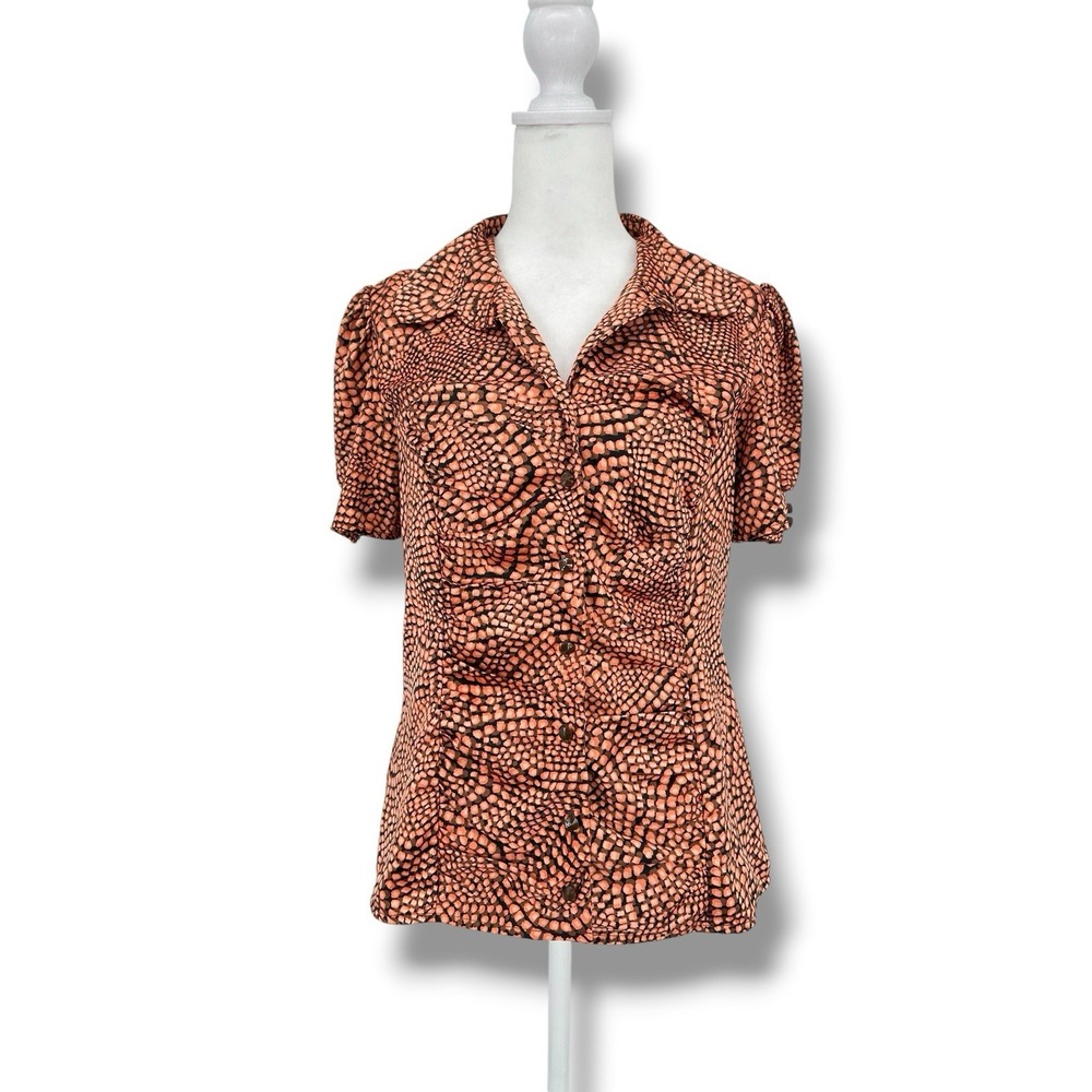 Mixit Puff Sleeve Abstract Blouse S Ruched Front Retro Art Teacher Office Siren